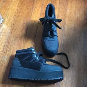 Black satin platform high top sneakers